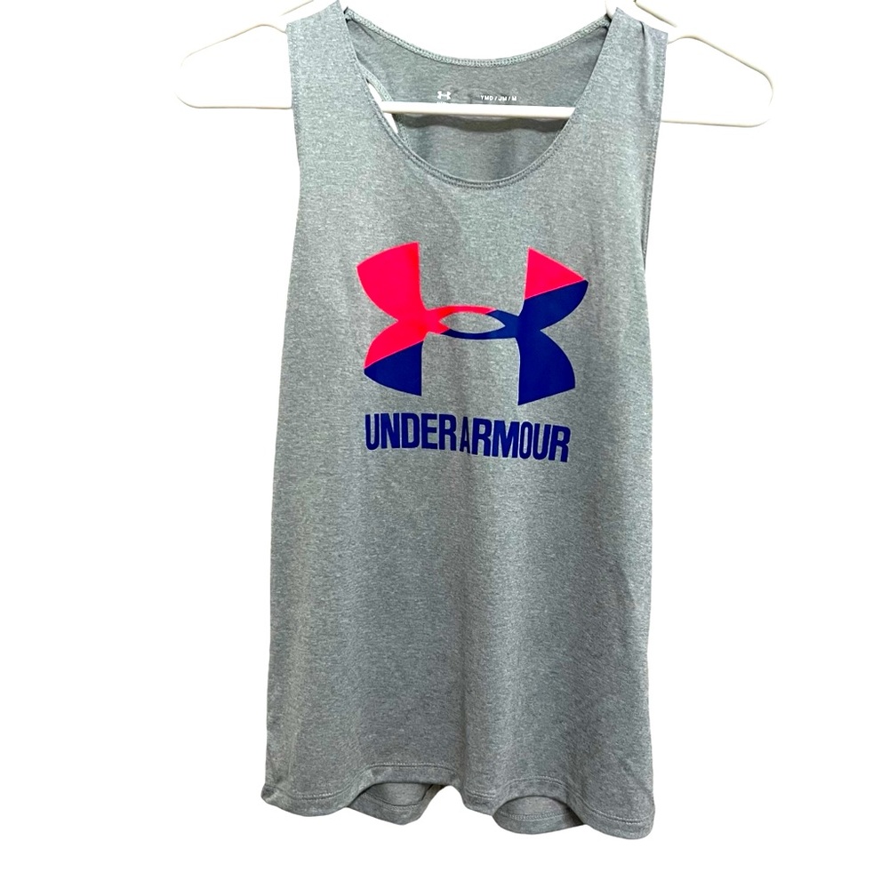 NWT Under Armour Neon Pink And Purple Large Logo Grey Racerback Tank Girls YMED